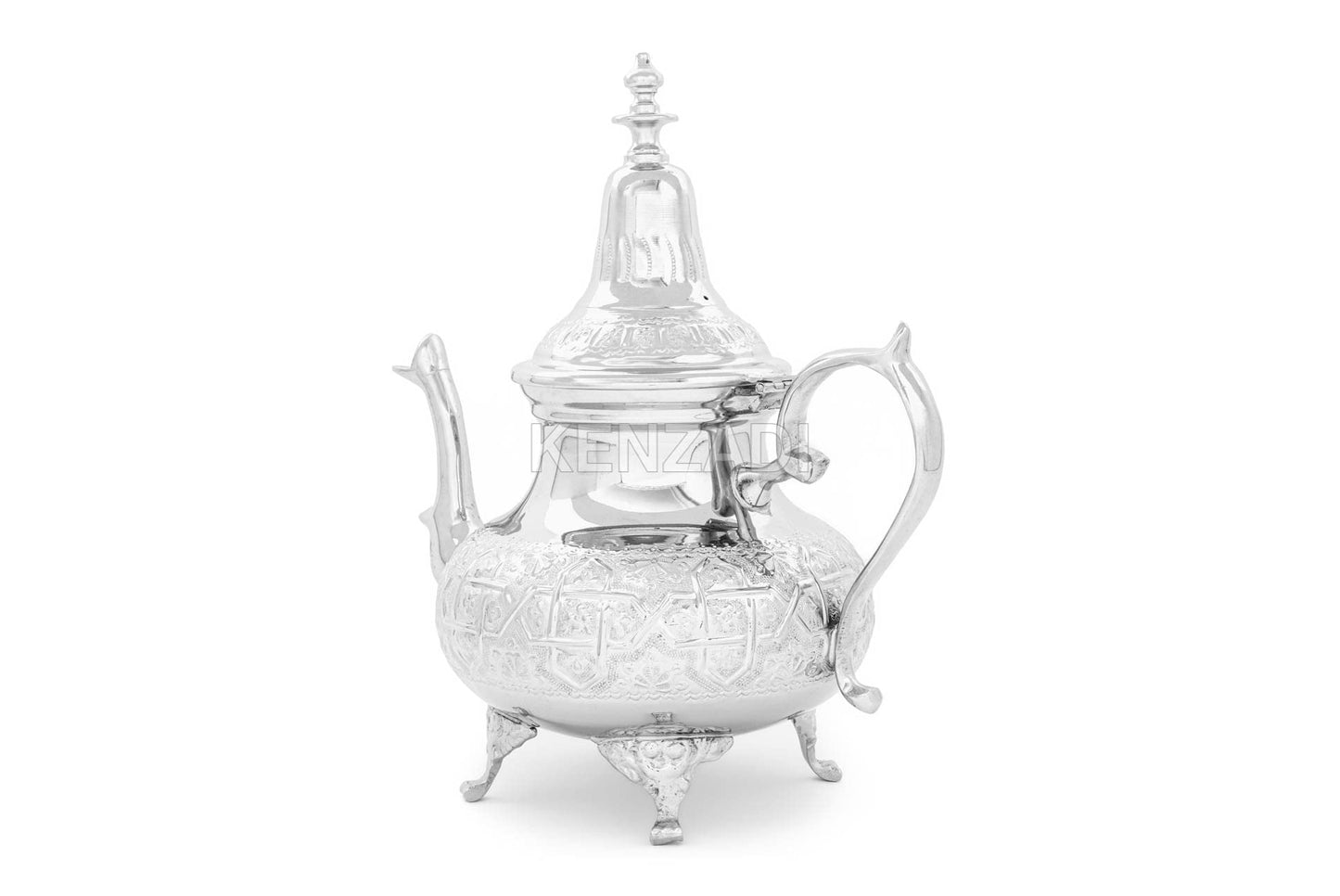 Moroccan Tea Pot Handmade Serving X-Large Brass Silver Plated Hand Carved In Fes Morocco