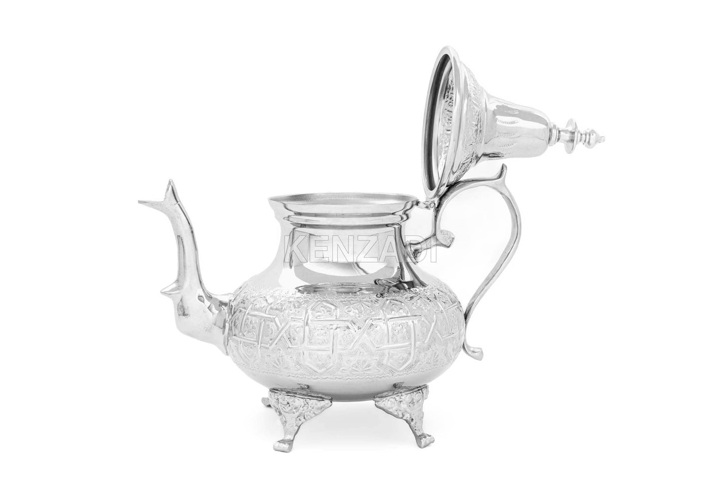 Moroccan Tea Pot Handmade Serving X-Large Brass Silver Plated Hand Carved In Fes Morocco