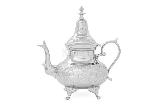 Moroccan Tea Pot Handmade Serving X-Large Brass Silver Plated Hand Carved In Fes Morocco