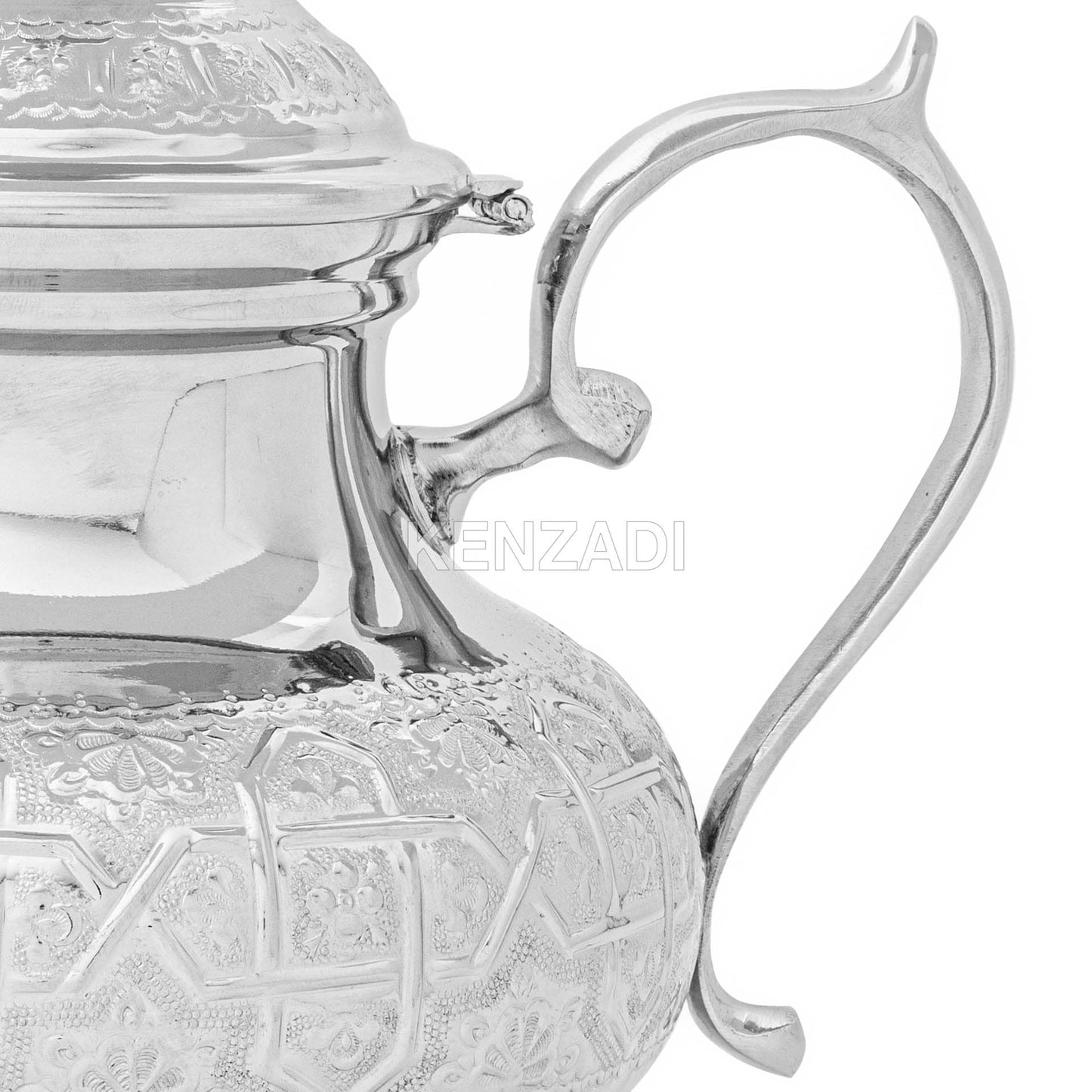 Moroccan Tea Pot Handmade Serving X-Large Brass Silver Plated Hand Carved In Fes Morocco